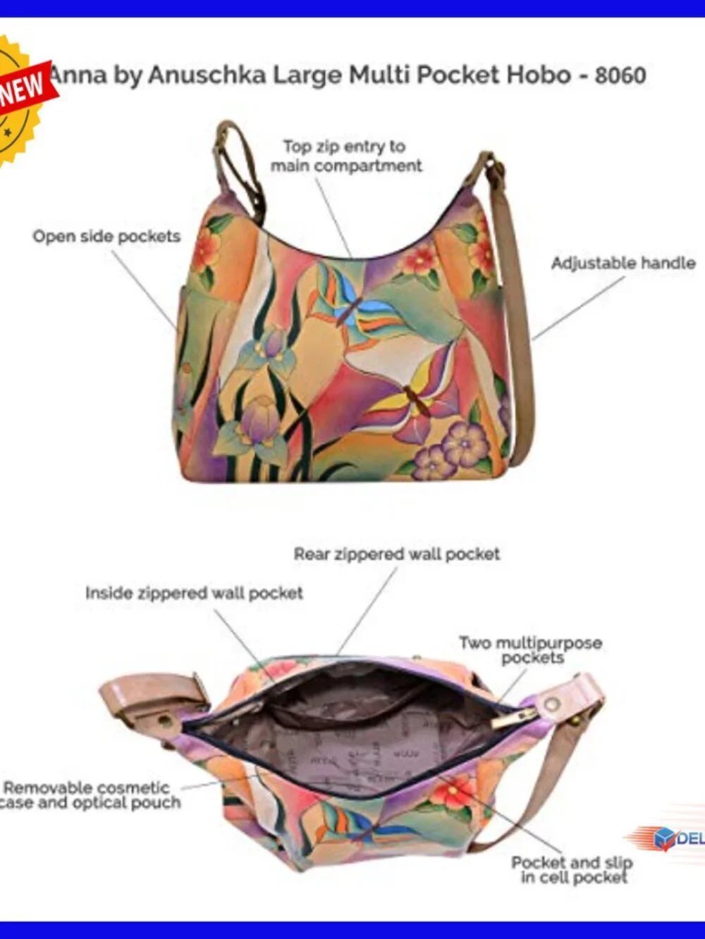 Genuine Leather Handpainted Hobo Bag with Multiple Pockets Adjustable Strap